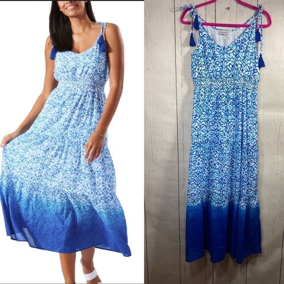 Tommy Bahama Scrolls Print Tie Shoulder Tiered Blue Beachy Boho Midi Dress - Picture 1 of 16
